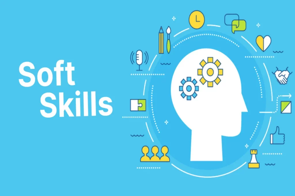 Ilustração sobre soft skills com ícones representando comunicação, empatia, trabalho em equipe e pensamento estratégico.

