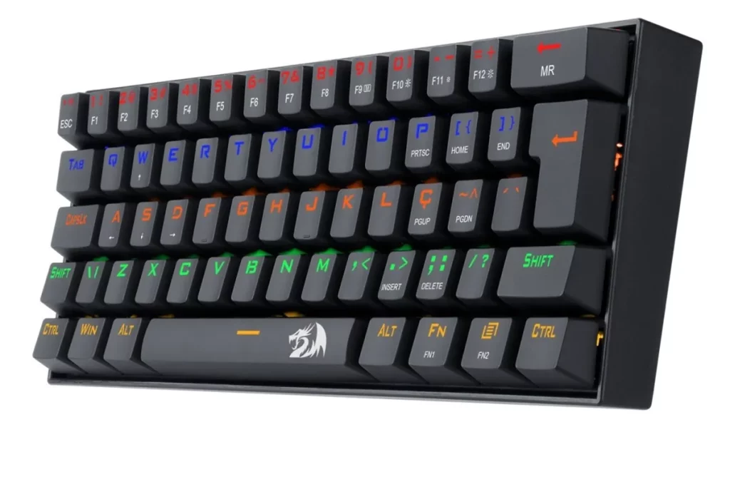Teclado mecânico 60% com teclas retroiluminadas e design compacto, ideal para jogos e produtividade