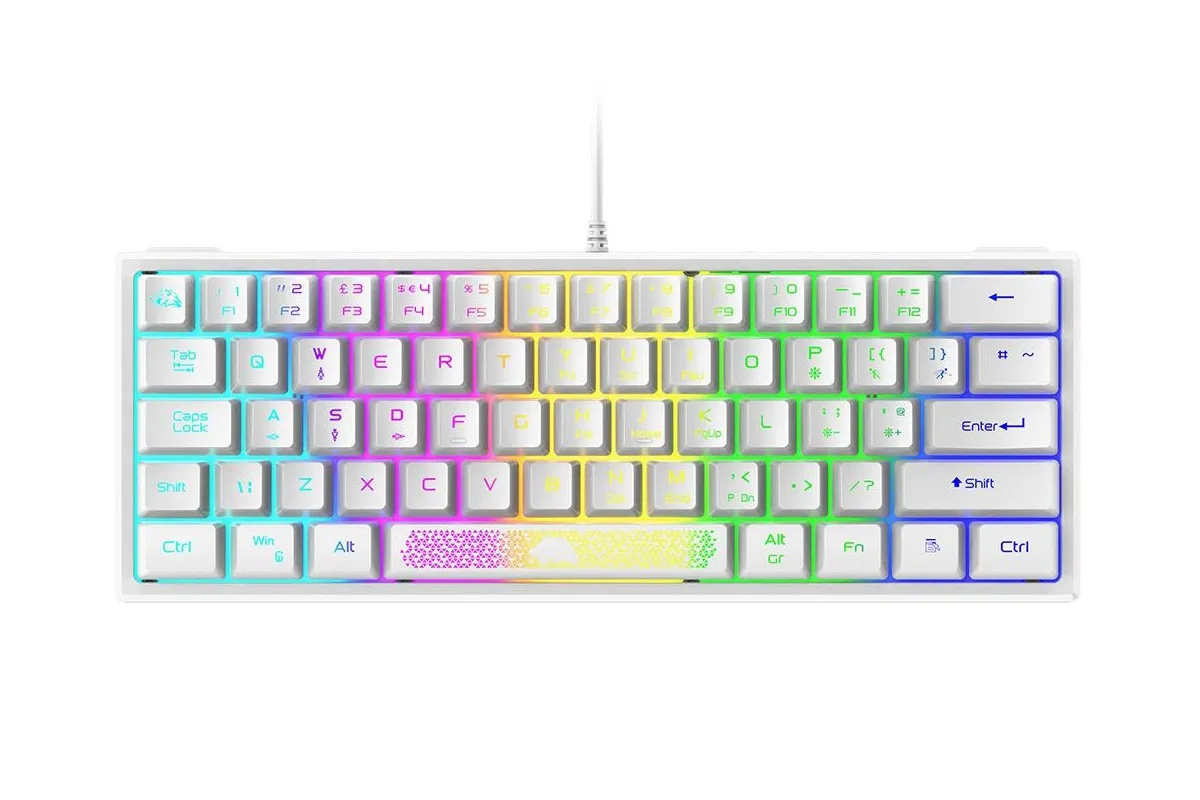 Teclado mecânico compacto de 60% branco com teclas retroiluminadas em cores RGB vibrantes