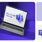 Laptop exibindo o logotipo do Microsoft Teams em um fundo roxo, com o ícone do Microsoft Teams separado ao lado, destacando a marca e a aplicação do Microsoft Teams.