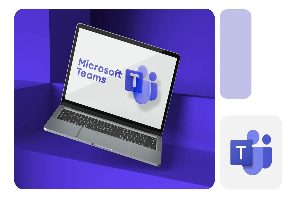 Laptop exibindo o logotipo do Microsoft Teams em um fundo roxo, com o ícone do Microsoft Teams separado ao lado, destacando a marca e a aplicação do Microsoft Teams.