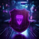 Imagem digital abstrata de um escudo em néon roxo e azul, com elementos de circuito eletrônico internos, em um fundo escuro com linhas luminosas, simbolizando a cibersegurança e a proteção fornecida por uma VPN (Rede Virtual Privada).