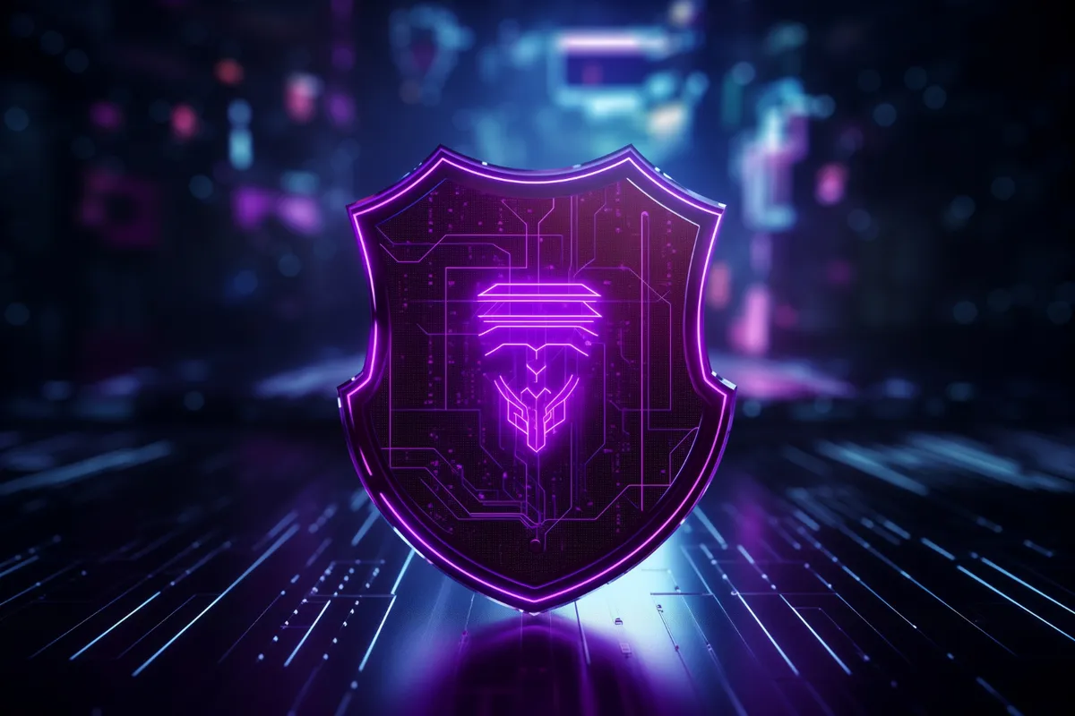 Imagem digital abstrata de um escudo em néon roxo e azul, com elementos de circuito eletrônico internos, em um fundo escuro com linhas luminosas, simbolizando a cibersegurança e a proteção fornecida por uma VPN (Rede Virtual Privada).