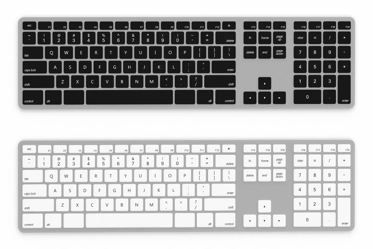 dois teclados completos um preto e um branco exibidos lado a lado com teclado numérico